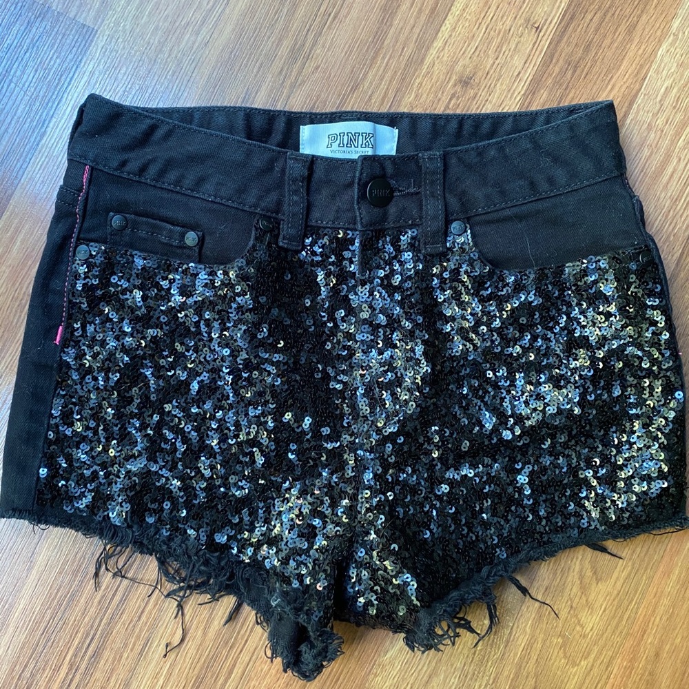 VS PINK Black Sequin Denim Shorts